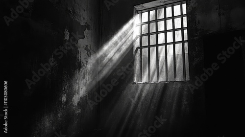 Interior of a dim prison cell with light beams filtering through a barred window, casting shadows on the weathered walls.