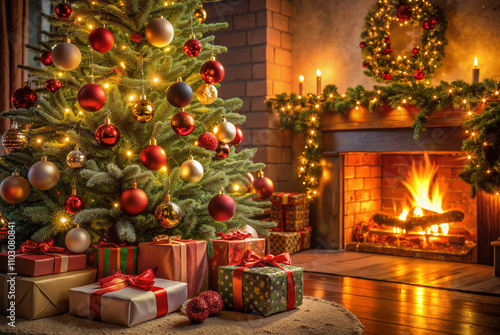 Festive living room with Christmas tree and fireplace photo