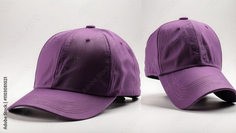 A neutral purple baseball cap seen from the front and back on a white backdrop A neutral purple baseball cap seen from the front and back on a white backdrop