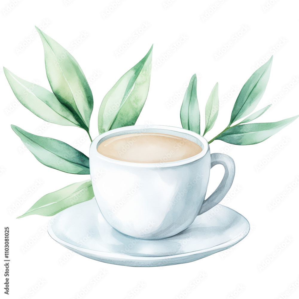A white coffee cup with a leaf on top of it Transparent Background A white coffee cup with a leaf on top of it Transparent Background