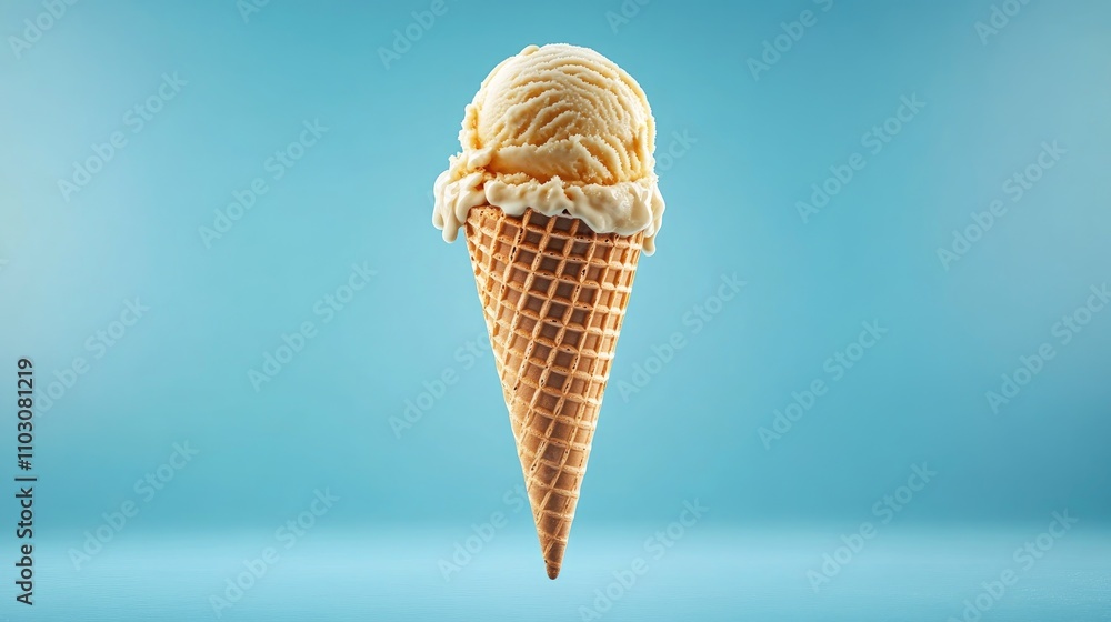 Large waffle cone filled with melting ice cream floating against a vibrant blue backdrop, demonstrating a food levitation technique in a studio setting. Large waffle cone filled with melting ice cream floating against a vibrant blue backdrop, demonstrating a food levitation technique in a studio setting.