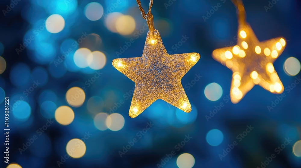 Golden star-shaped lights glowing softly on a string, suspended in front of a bright blue bokeh background, creating a dreamy festive atmosphere. Golden star-shaped lights glowing softly on a string, suspended in front of a bright blue bokeh background, creating a dreamy festive atmosphere.