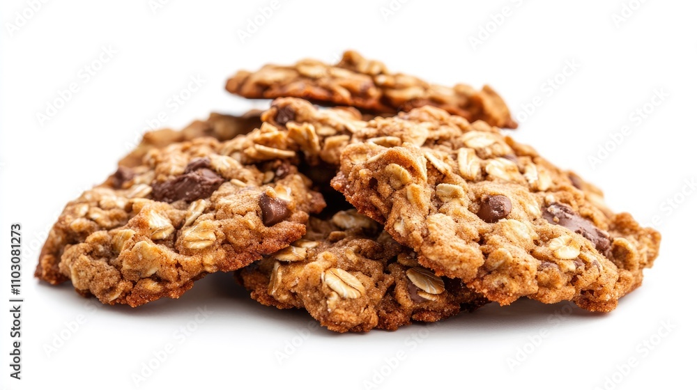 Oatmeal cookies stacked with chocolate chips, showcasing a crumbling texture against a clean white background. Oatmeal cookies stacked with chocolate chips, showcasing a crumbling texture against a clean white background.