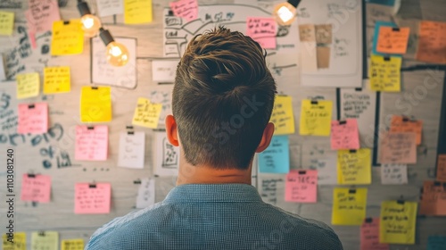 A young entrepreneur stands thoughtfully in front of a wall covered with sticky notes, reflecting on ideas for a new project in a vibrant workspace filled with creativity