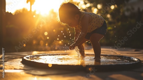 Child Playing in Shallow Water Basin at Sunset photo