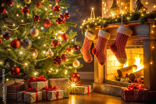 Decorated Christmas tree with stockings by fireplace photo