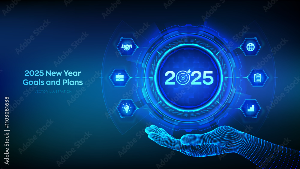 2025 New year Goals and plans icon in wireframe hand. Business plan and strategies. Goal acheiveement and success in 2025. Resolutions, plan, action, checklist concept. Vector illustration. 2025 New year Goals and plans icon in wireframe hand. Business plan and strategies. Goal acheiveement and success in 2025. Resolutions, plan, action, checklist concept. Vector illustration.