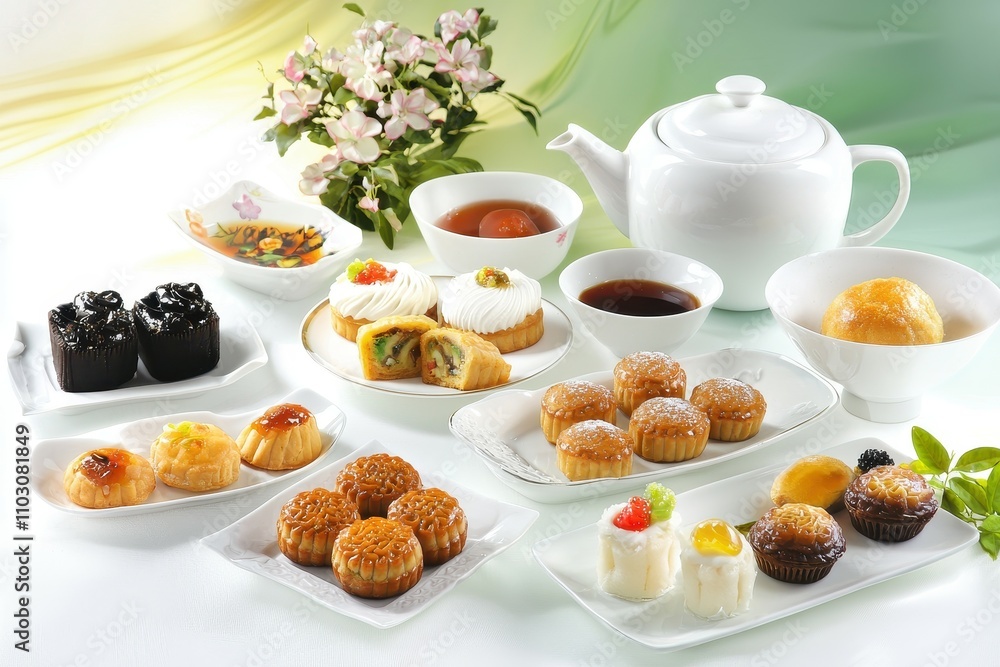 Chinese Tea and Dessert: A table set with an assortment of Chinese desserts Chinese Tea and Dessert: A table set with an assortment of Chinese desserts