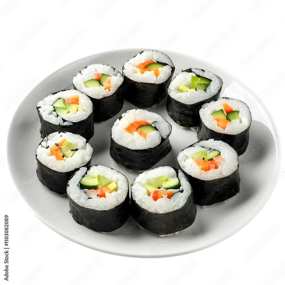 Delicious Vegan Sushi Rolls with Fresh Ingredients on Plate Delicious Vegan Sushi Rolls with Fresh Ingredients on Plate