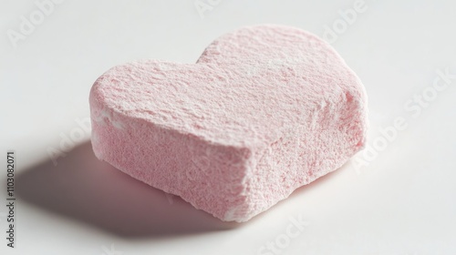 Heart-shaped pink marshmallow with a soft texture resting on a clean white background, perfect for sweet treats or romantic themes.