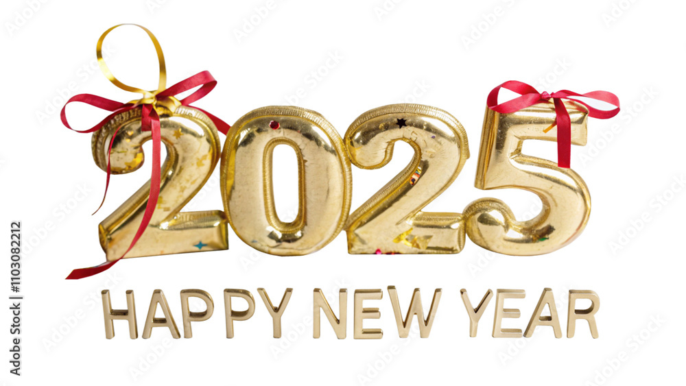 Obraz premium Happy New Year 2025. Golden 3D numbers with ribbons and confetti , isolated on transparent background.