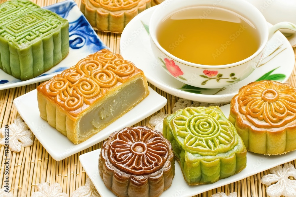 Chinese Tea and Dessert: A table set with an assortment of Chinese desserts Chinese Tea and Dessert: A table set with an assortment of Chinese desserts