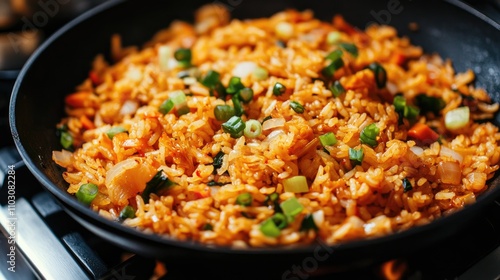 Korean Kimchi Fried Rice Stir-Fried Rice with Chopped Kimchi and Topped with Green Onions and Colorful Vegetables in a Pan