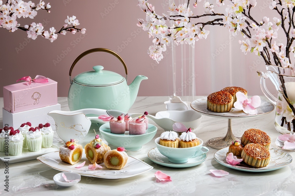 Chinese Tea and Dessert: A table set with an assortment of Chinese desserts Chinese Tea and Dessert: A table set with an assortment of Chinese desserts