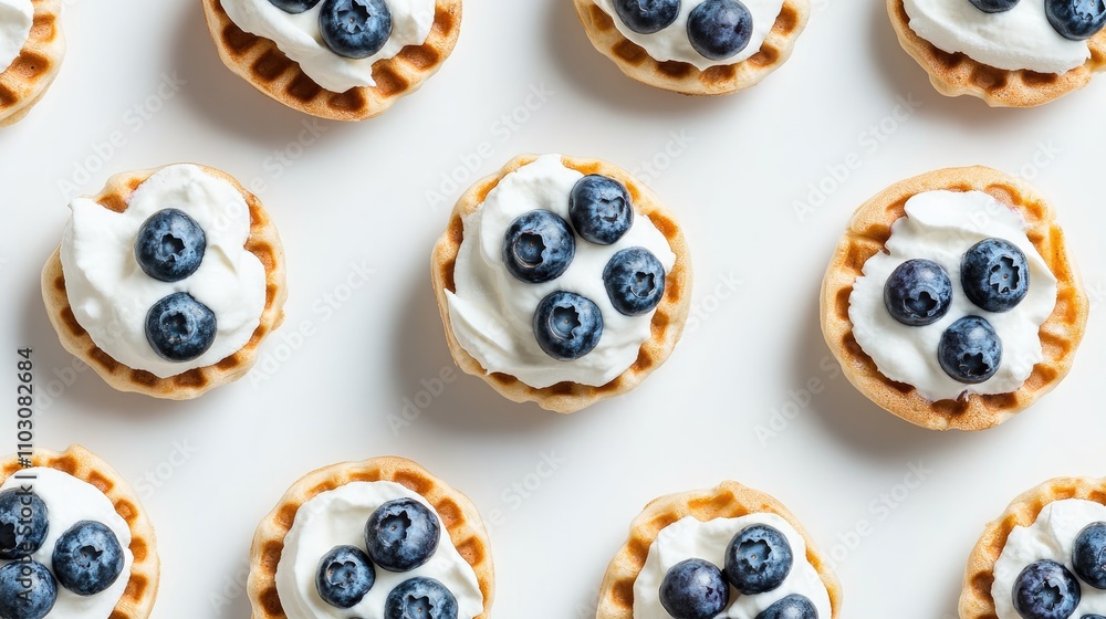 Fototapeta premium Delicious round waffles adorned with creamy topping and fresh blueberries arranged neatly on a white background, viewed from above.