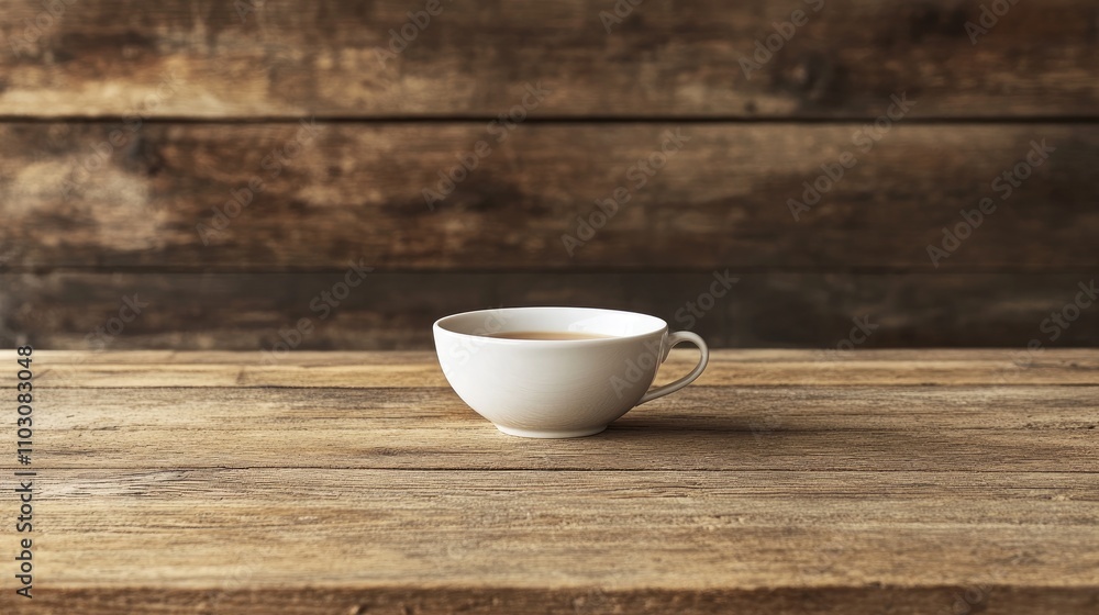 Minimalist white teacup resting on a rustic wooden table with ample space for text or a personal message in a serene setting Minimalist white teacup resting on a rustic wooden table with ample space for text or a personal message in a serene setting