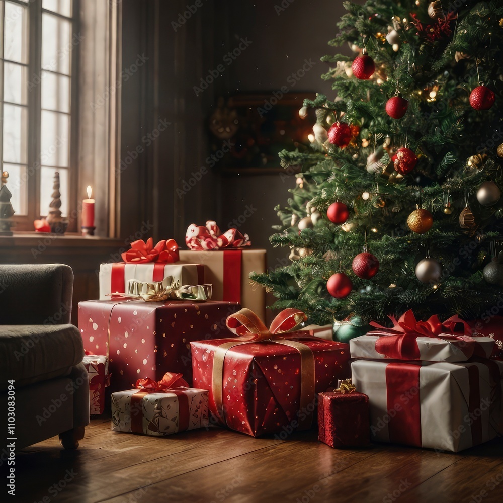 Christmas tree with gifts and snow Christmas tree with gifts and snow