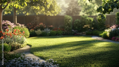 Sunlit garden featuring vibrant flowerbeds, lush green lawn, and dappled sunlight filtering through trees, creating a serene outdoor retreat.