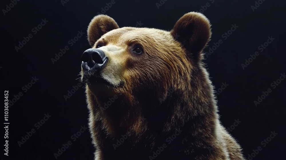 Obraz premium Majestic brown bear portrait highlighting intricate fur textures and expressive features against a deep black background.