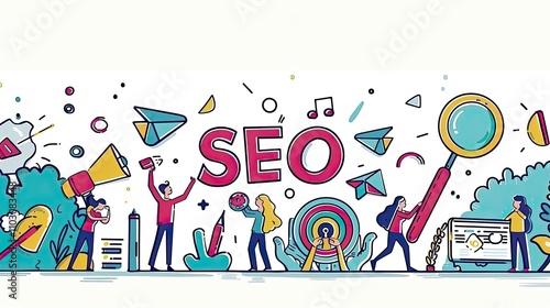 Vector Illustration of Digital Marketing Team Working on Website SEO with Large Letters 'SEO,' Magnifying Glass, and Target Symbol on White Background