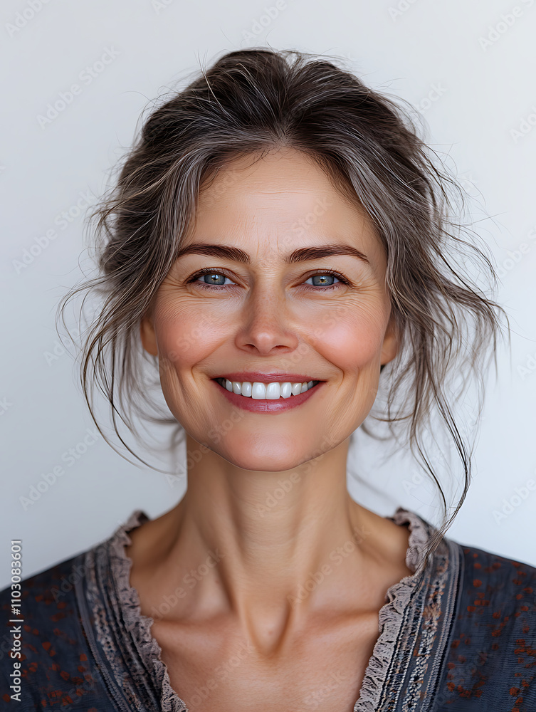 smiling woman with long, tousled hair and natural look, wearing vintage style top. Her expression radiates warmth and positivity, creating inviting atmosphere smiling woman with long, tousled hair and natural look, wearing vintage style top. Her expression radiates warmth and positivity, creating inviting atmosphere