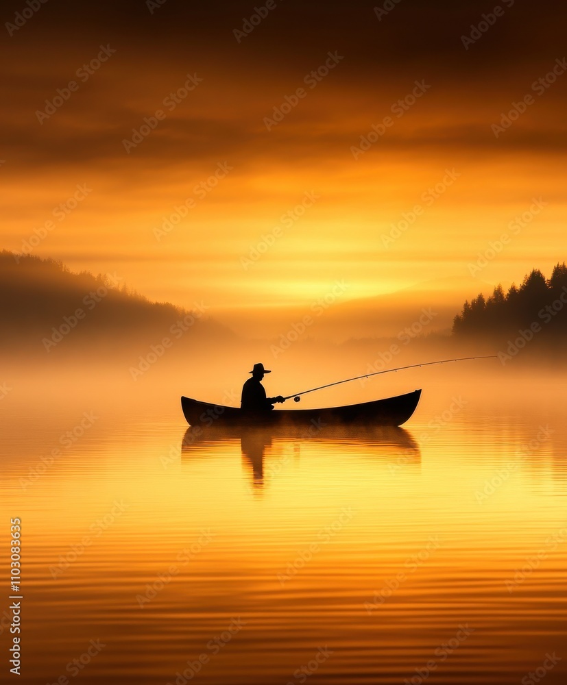 Golden Hour Fisherman on a Calm Lake Golden Hour Fisherman on a Calm Lake