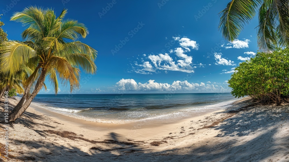 Tropical Beach Panorama Showcasing a Wide Seascape with Lush Palm Trees and a Breathtaking Horizon Between Sky and Ocean Tropical Beach Panorama Showcasing a Wide Seascape with Lush Palm Trees and a Breathtaking Horizon Between Sky and Ocean