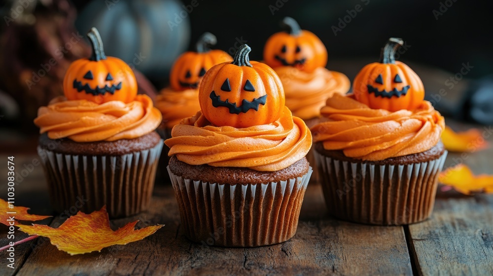 Halloween cupcakes and pumpkins on a wooden background Halloween cupcakes and pumpkins on a wooden background