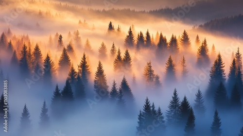 Aerial view of a misty coniferous forest at dawn, featuring soft golden light illuminating the treetops amidst swirling fog.