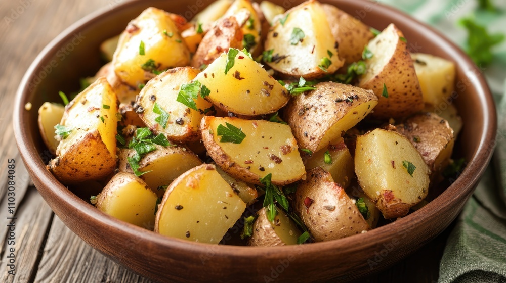 Sautéed potatoes with vibrant mixed vegetables and fresh herbs in a rustic wooden bowl, emphasizing a wholesome and healthy eating theme. Sautéed potatoes with vibrant mixed vegetables and fresh herbs in a rustic wooden bowl, emphasizing a wholesome and healthy eating theme.