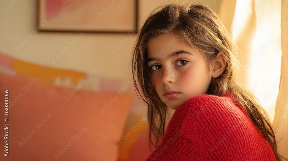 Thoughtful Young Girl Wearing a Bright Red Sweater in a Softly Colored Room with Warm Lighting and Cozy Textiles Thoughtful Young Girl Wearing a Bright Red Sweater in a Softly Colored Room with Warm Lighting and Cozy Textiles