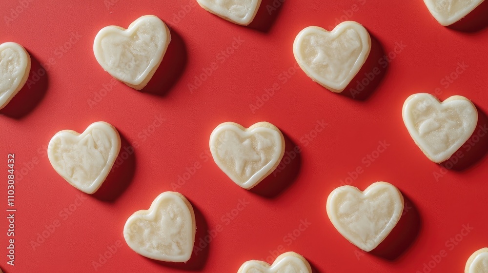 Obraz premium Heart-shaped cookies with a glossy glaze arranged artistically on a vivid red backdrop, perfect for a romantic celebration or festive occasion.