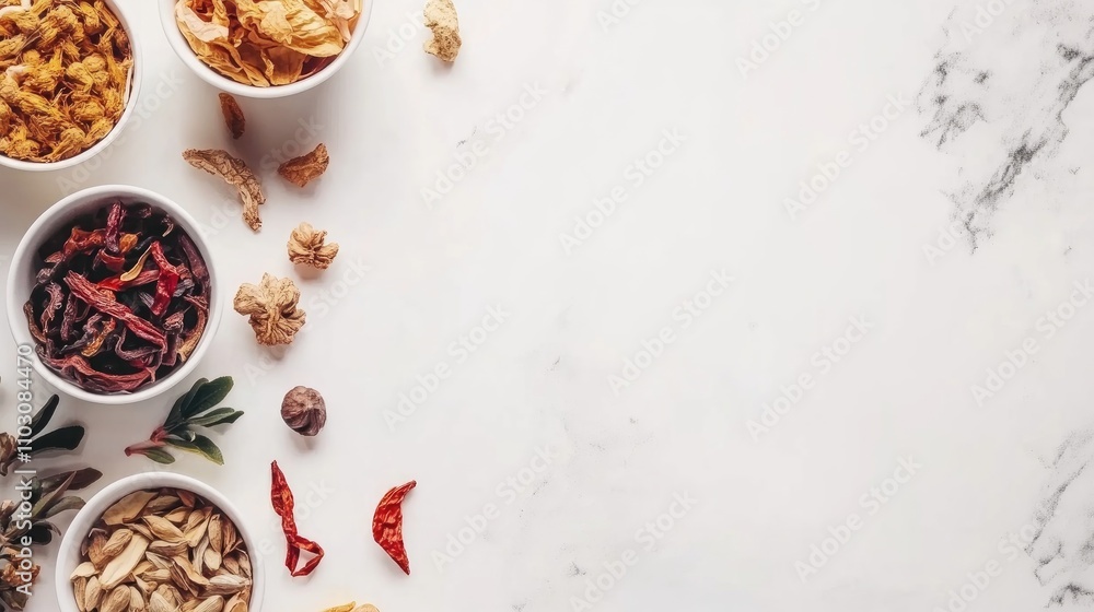 Top view of assorted Chinese herbs in white bowls arranged on a marble background, emphasizing holistic remedies for well-being and balance. Top view of assorted Chinese herbs in white bowls arranged on a marble background, emphasizing holistic remedies for well-being and balance.