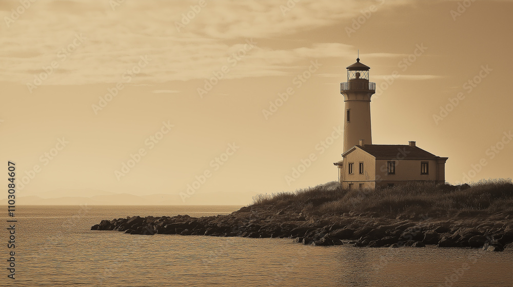 Vintage-style lighthouse in sepia tones, evoking a historical feel - Nostalgic and timeless, soft sepia light