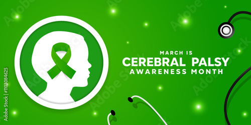 March is Cerebral Palsy Awareness Month. Human, ribbon, light and stesthoscope. Great for cards, banners, posters, social media and more. Green  background.