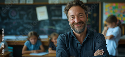 Teacher. Portrait of a happy handsome male teacher in the classroom