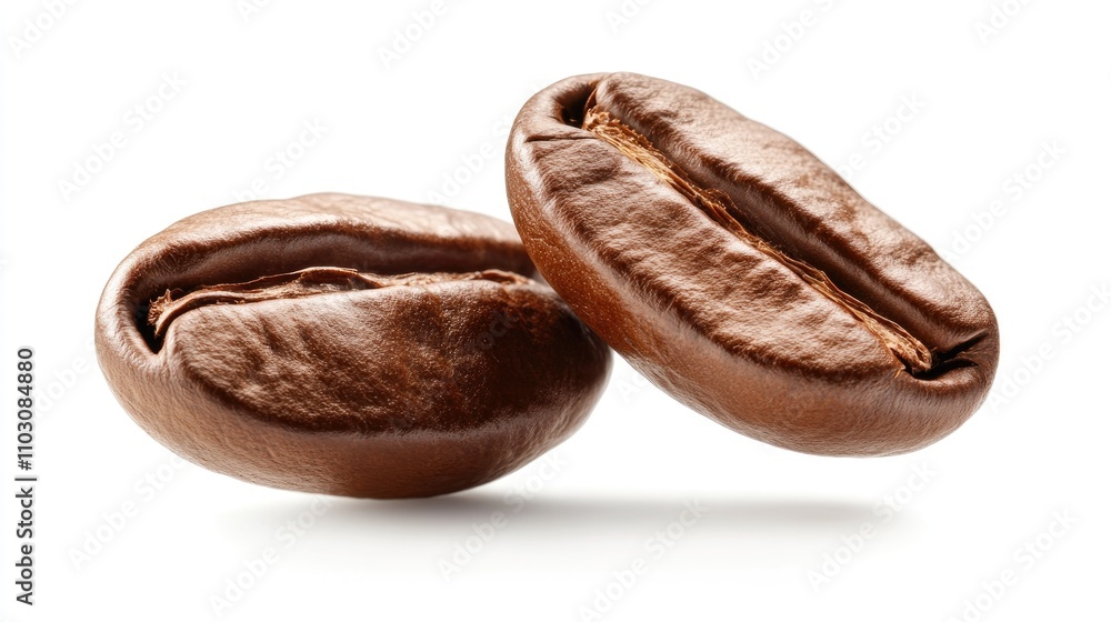 Freshly roasted coffee beans featuring smooth, glossy surfaces, isolated against a clean white backdrop, highlighting their rich brown color and texture.