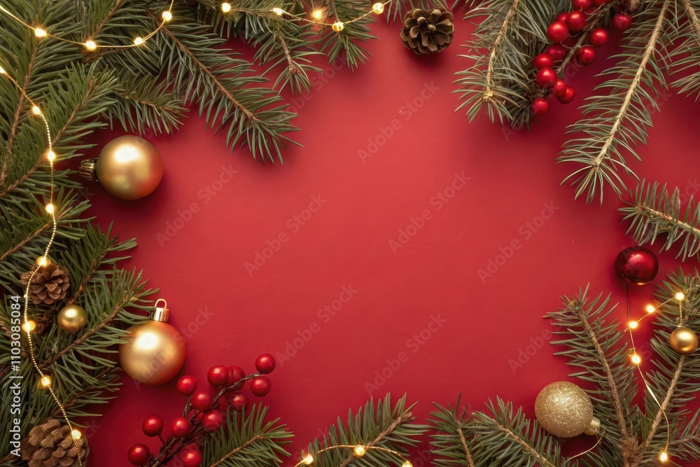 A Festive Christmas Border Featuring Evergreen Branches, Ornaments, and Sparkling Lights on a Red Background A Festive Christmas Border Featuring Evergreen Branches, Ornaments, and Sparkling Lights on a Red Background