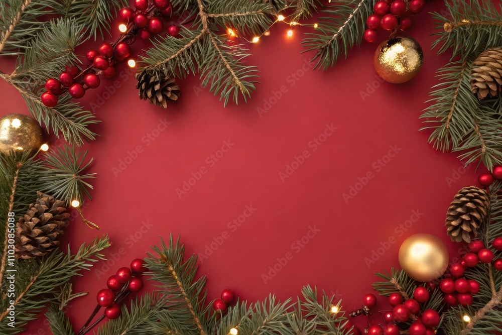 A Festive Christmas Border of Evergreen Branches, Red Berries, Pinecones, and Golden Ornaments on a Deep Red Background A Festive Christmas Border of Evergreen Branches, Red Berries, Pinecones, and Golden Ornaments on a Deep Red Background
