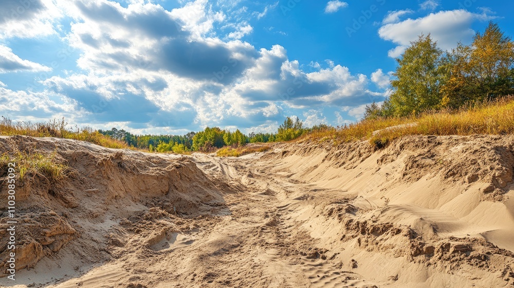 Excavated sandy area of a construction site surrounded by lush greenery and a vibrant blue sky with fluffy clouds. Excavated sandy area of a construction site surrounded by lush greenery and a vibrant blue sky with fluffy clouds.