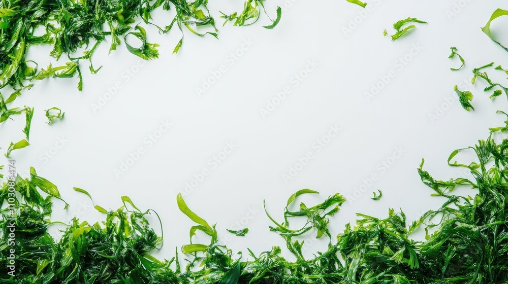 Vivid green seaweed arranged neatly on a pristine white background, showcasing its texture and color in a natural display. Vivid green seaweed arranged neatly on a pristine white background, showcasing its texture and color in a natural display.