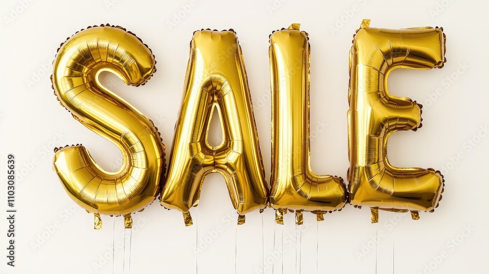 Golden inflatable balloons forming the word SALE, designed for promotional advertising, with a shiny finish against a clean white background. Golden inflatable balloons forming the word SALE, designed for promotional advertising, with a shiny finish against a clean white background.