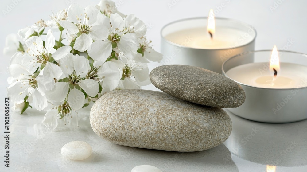 Spa essentials arrangement with smooth stones, lit candles, and fresh white flowers on a serene white surface, creating a calming atmosphere. Spa essentials arrangement with smooth stones, lit candles, and fresh white flowers on a serene white surface, creating a calming atmosphere.