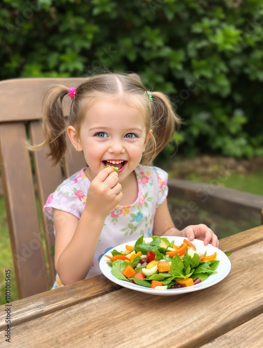 Little girl with pigtails Seated Picnic table Outdoors Lush greenery Plate Colorful salad spinach carrots bell peppers Takes a bite Eyes sparkle with joy clearly relishing fresh taste of healthy dish