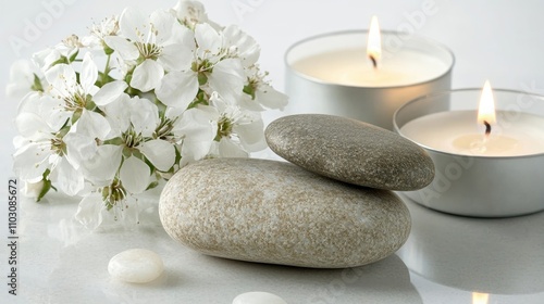 Spa essentials arrangement with smooth stones, lit candles, and fresh white flowers on a serene white surface, creating a calming atmosphere.