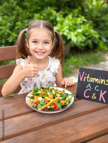 Little girl Pigtails Seated Picnic Outdoors Plate Colorful salad Spinach Sarrots Bell peppers Eyes sparkle with joy Raises thumb Approval Sign Vitamins A C & K Eye-catching Concept