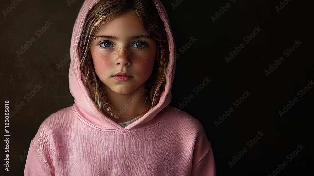 Young girl in a pink hoodie posed against a dark backdrop, showcasing soft features and a thoughtful expression with natural lighting highlighting her face. Young girl in a pink hoodie posed against a dark backdrop, showcasing soft features and a thoughtful expression with natural lighting highlighting her face.