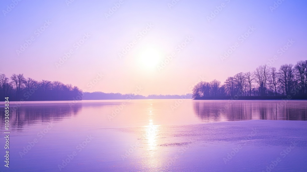 Soft violet shades blanket the calm lake as the sun dips below the horizon. Silhouetted trees line the banks, creating a serene and picturesque landscape at dusk Soft violet shades blanket the calm lake as the sun dips below the horizon. Silhouetted trees line the banks, creating a serene and picturesque landscape at dusk