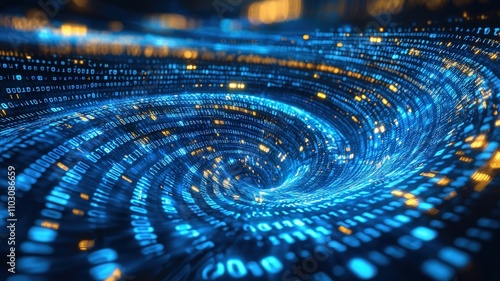 A swirling vortex of glowing blue and yellow digital data streams, symbolizing technology, data flow, and the digital universe.