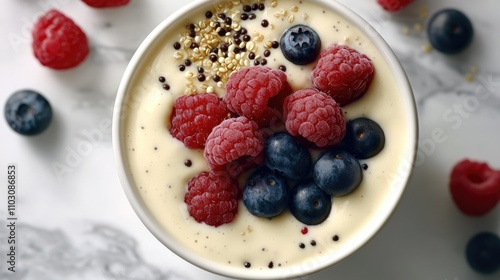 Nutritious yogurt smoothie bowl topped with fresh raspberries, blueberries, and quinoa puffs, presented in an overhead view on a marble surface.